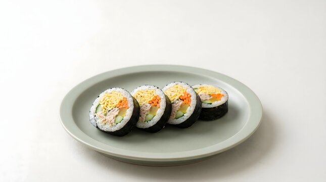 Korean Kimbap Rice Rolls on Minimal White Plate, Traditional Korean Lunch Box Street Food on Clean White Background