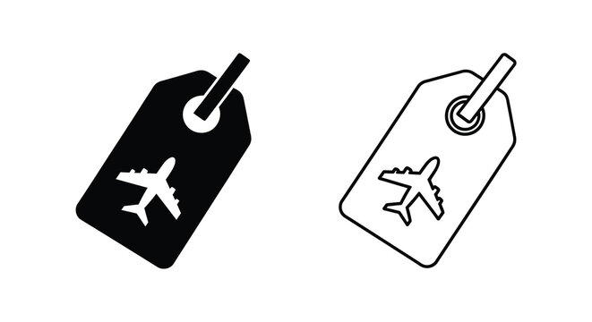 Two luggage tags are shown one black and one white each featuring an airplane