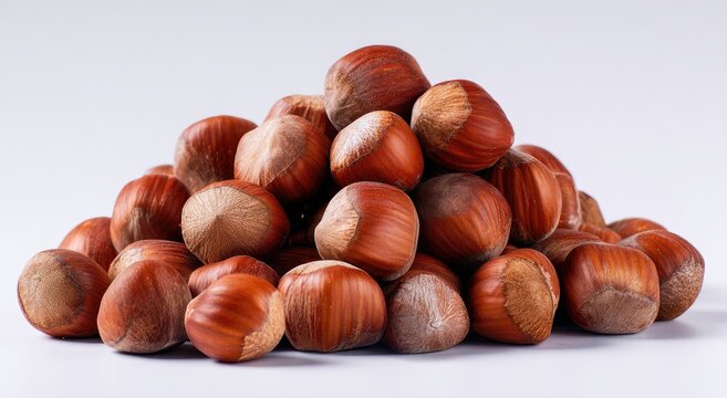 Pile of whole, unshelled hazelnuts with brown, textured shells