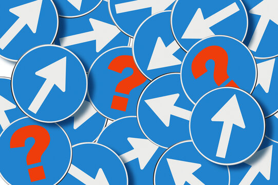 Multi direction concept with road signs which pointed in different directions - indecision and insecurity concept with question mark