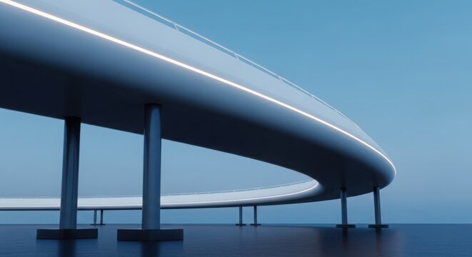 A futuristic elevated highway curves over water at dusk with sleek supports and clear sky