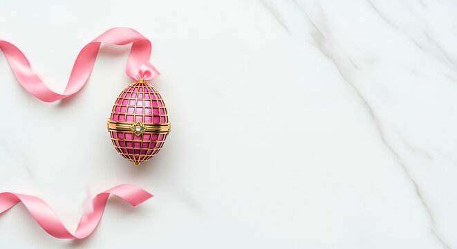Ornate pink Easter egg with ribbon on marble surface  