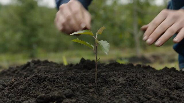 Close-up of hands planting young tree seedling in soil, symbolizing environmental care, sustainability and reforestation concept