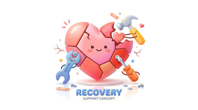 Cute cartoon heart mending with tools. Emotional recovery, mental health support, healing, and repair concept illustration.