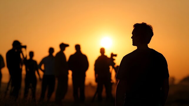 A diverse group of figures standing together as they observe the vibrant warm glow of the setting sun during an outdoor gathering