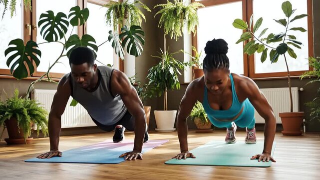 Fit Black man and woman doing push ups on yoga mats in sunlit home gym