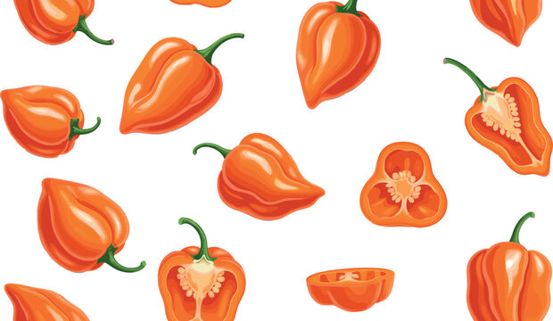 Seamless pattern of orange habanero chili peppers whole and sliced spicy food background vector illustration