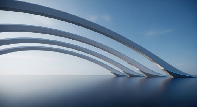A futuristic bridge arches over calm waters under a clear blue sky with clouds