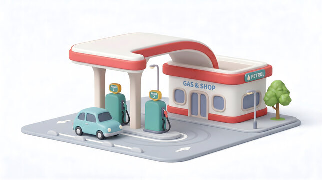 3D cartoon gas station with a small car, fuel pumps, and convenience store. Modern transportation and service concept.