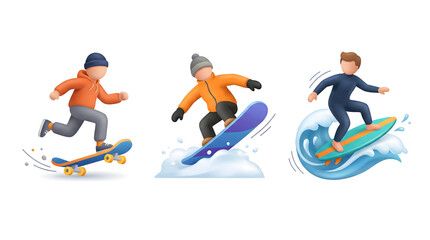 Obraz premium 3D Cartoon Board Sports Trio: Skateboarding, Snowboarding, Surfing. Dynamic active lifestyle illustration set.