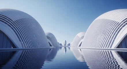 Fototapete Reflection Futuristic architecture with curved buildings reflected in calm water, blue sky background  © Nushrat