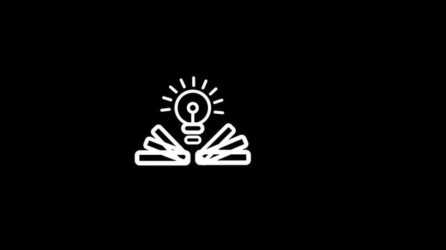 Abstract knowledge light bulb icon animation in white on a dark background, symbolizing wisdom, ideas, and education. 4K video.