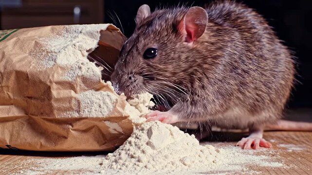 rat eating flour from torn paper bag on kitchen table, food contamination and hygiene problem, pest infestation in home or storage, unsanitary conditions and health risk concept