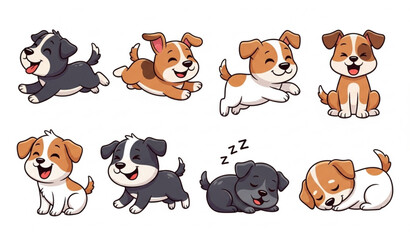 Cute puppy and dog vector set cartoon poses running jumping sleeping illustration