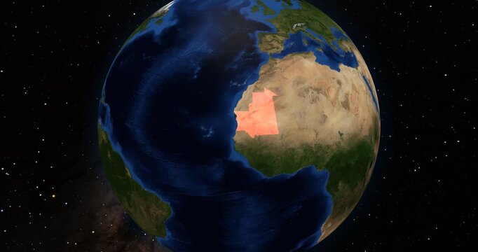 Mauritania on the Globe. Zoom into the country with the Earth spinning in space. High detail physical world map with Mauritania on it. Country view animation. Elements of this image furnished by NASA.