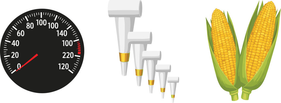 Set of Vector Illustrations Featuring Thermometer, Nozzle Sizes, and Corn for Agriculture, Food, and Industrial Design Themes