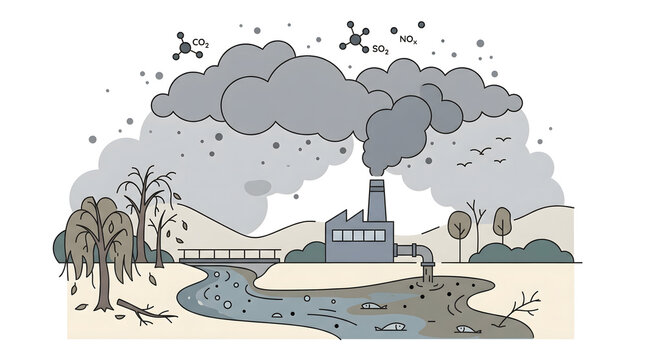 Environmental Pollution: Factory Emitting Smoke & Waste into River, Dead Trees & Fish, Chemical Emissions Illustration