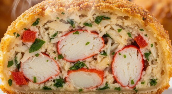 Cross-section of a crab cake showing imitation crab meat filling seafood