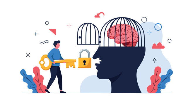 Man carrying a large golden key walks toward a silhouetted head containing a brain inside a cage to unlock mental potential and freedom.