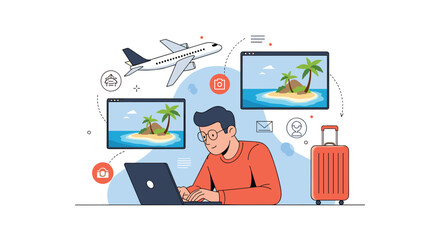 Fototapeta premium Man plans his next vacation on a laptop surrounded by travel icons including a suitcase, an airplane, and beautiful tropical island photos.