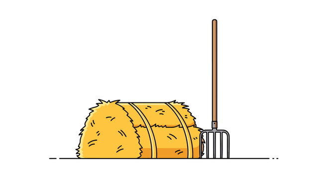 Large golden haystack sits in a harvested field with a traditional metal pitchfork leaning against it under a clear white background.