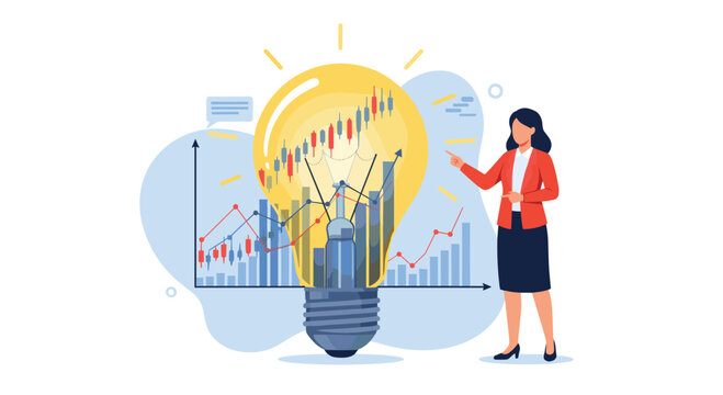 Professional woman points to a large glowing lightbulb containing stock market charts and data bars symbolizing creative financial strategies.