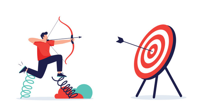 Determined archer uses a coil spring to launch himself into the air while aiming a bow and arrow at a distant red and white bullseye target.