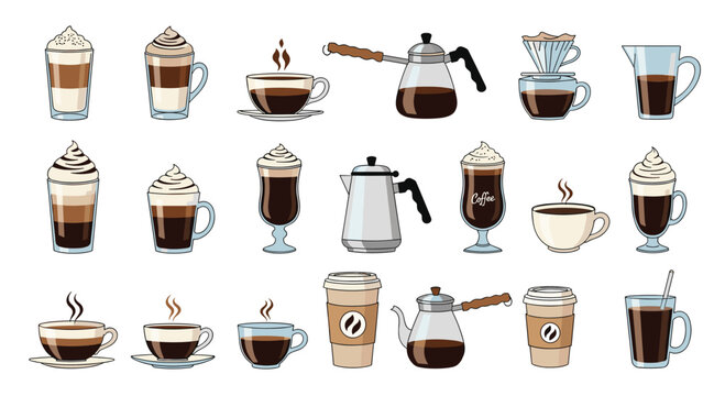 Diverse collection of coffee beverages including lattes and espressos along with various brewing pots and mugs on white.