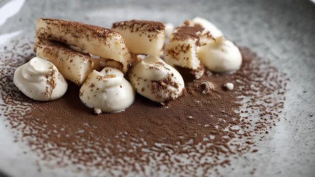 Dessert served on a grey plate with cream and chocolate powder at a restaurant in the evening
