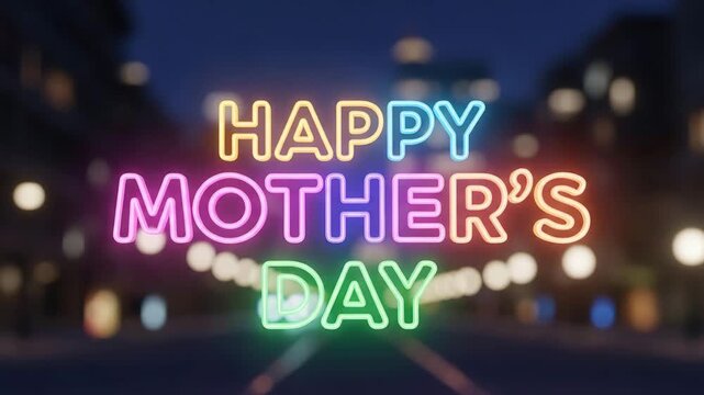 Happy mothers day neon sign text on a blurred city street background