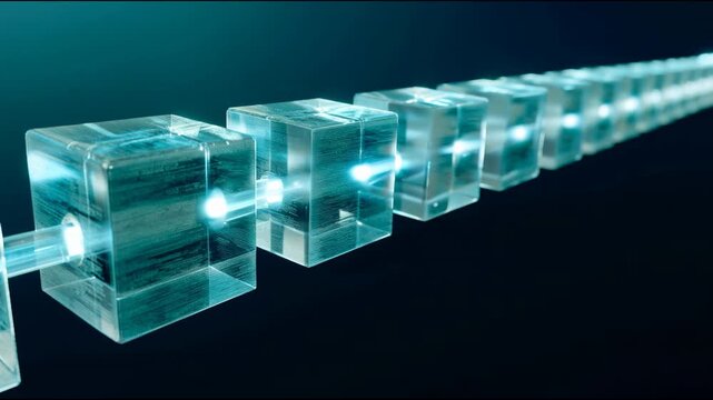 Transparent glass data cubes connected by light beams in row