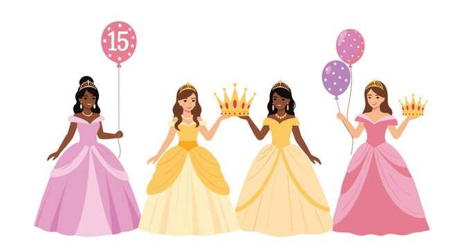 Group of young girls dressed as princesses in beautiful gowns holding golden crowns and colorful balloons for a party.