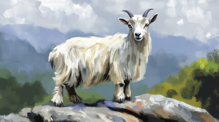 Obraz premium Pygmy Goat Standing on Rocks in Mountain Landscape