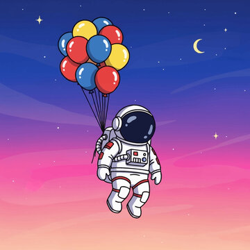 Astronaut floating with colorful balloons in space.