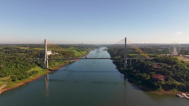 Aerial View of Integration Bridge Connecting Foz do Iguacu Brazil and Presidente Franco Paraguay Over Parana River