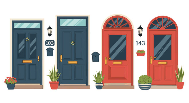 Set of four colorful house entrance doors in blue and red featuring door knockers and potted plants representing home architecture and design.
