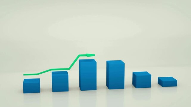 Blue 3D bar chart, green line graph, business data visualization, statistics, infographic elements