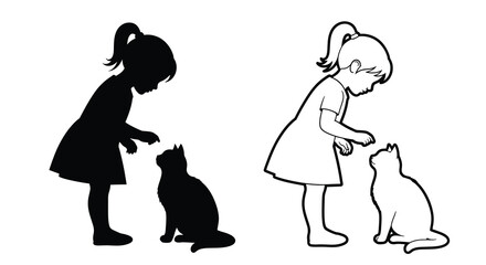 Two silhouettes of a child reaching down to interact with a kitten © Mama