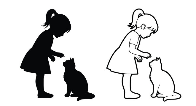 Two silhouettes of a child reaching down to interact with a kitten