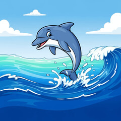 Obraz premium Cartoon Dolphin Jumping Over Ocean Wave.