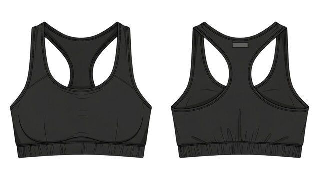 Vector CAD designs showcase sporty black sports bra in two views