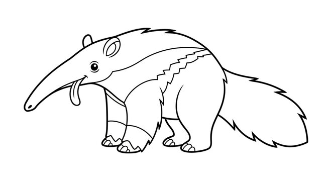 A curious anteater stands with its long snout and tail looking to the side a black and white drawing with a cute expression and furry texture.