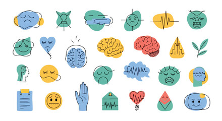 Obraz premium Colorful illustrations of various mental health and emotions symbols, including brains, hearts, and expressive faces