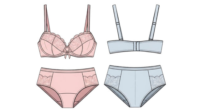 Vector CAD lingerie set includes pink and blue bra and panty designs