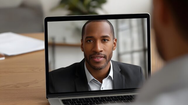 A professional man participating in a virtual corporate meeting displayed on a modern laptop screen during a collaborative workday