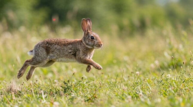Brown hare running through green grass.