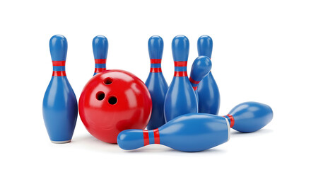 Naklejka premium A red bowling ball and blue pins on a white background