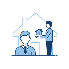 Naklejka premium Real estate concept with two men, one holding house icon, representing agent and client interaction during property buying or selling process.