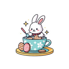 Fototapeta premium Cute Bunny Eating Cookies From Teacup.
