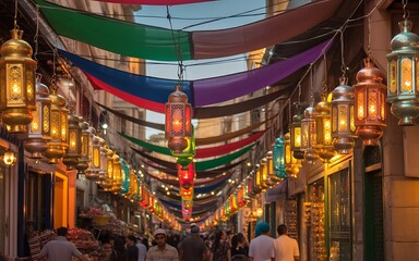 Fototapeta premium Vibrant street scene with colorful lanterns and fabrics in a bustling market alleyway at dusk with people walking